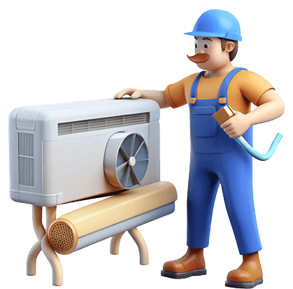 3D cartoon HVAC technician with AC unit