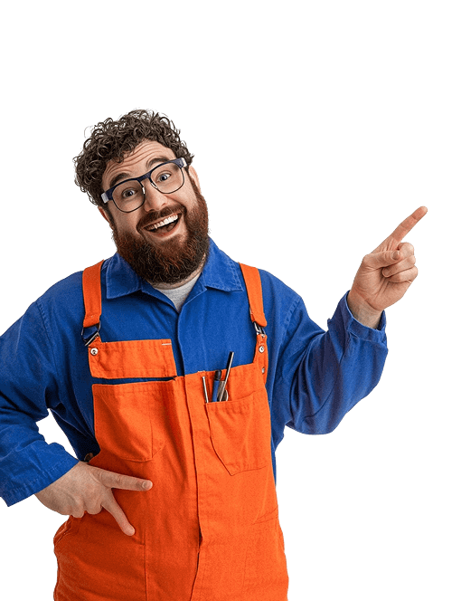Smiling HVAC repairman pointing